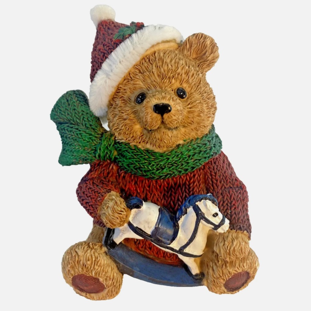 Miles Kimball Holiday Teddy Bear Holding a Rocking Horse Figurine